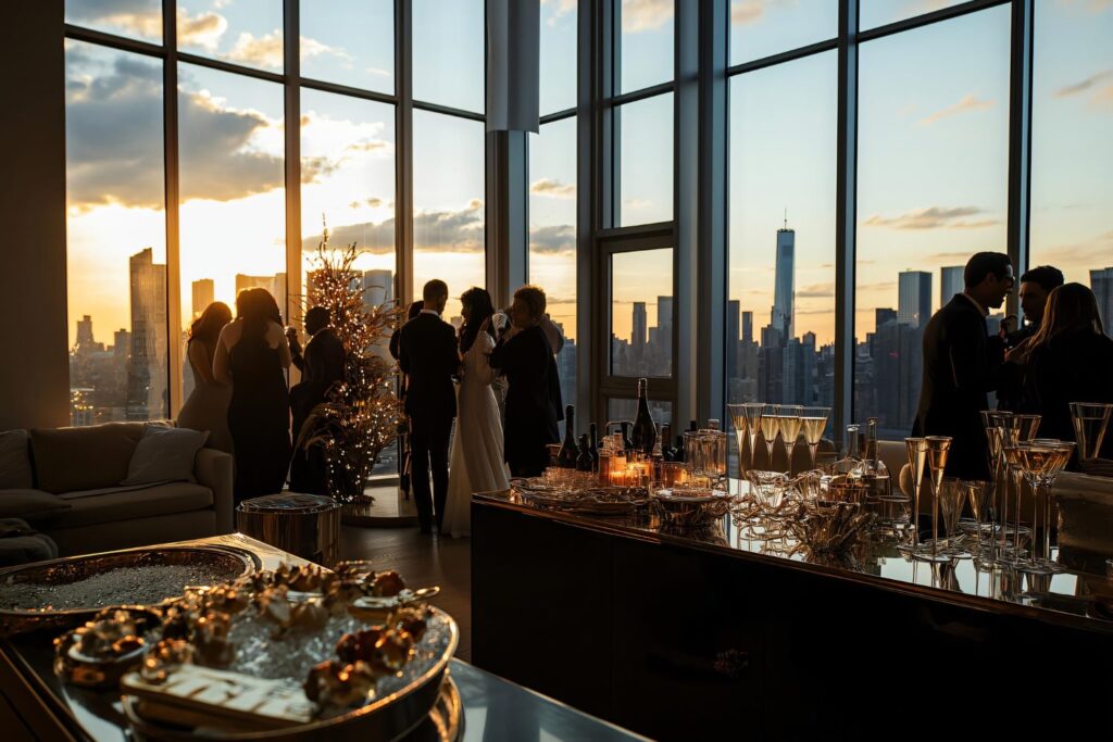 Elegant corporate event in a high-rise office at sunset, with guests mingling near floor-to-ceiling windows overlooking a city skyline and a table set with champagne glasses and catering displays.