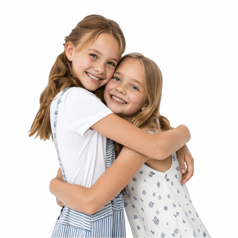 Two smiling young girls hugging each other, expressing warmth, friendship, and happiness.