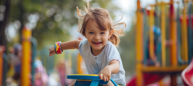 Smiling young child playing on colorful playground equipment outdoors, representing protection and peace of mind for families.