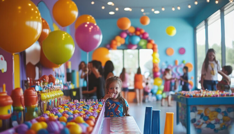 Children enjoying a colorful indoor birthday party with balloons, candy displays, and games, highlighting family-focused insurance protection.