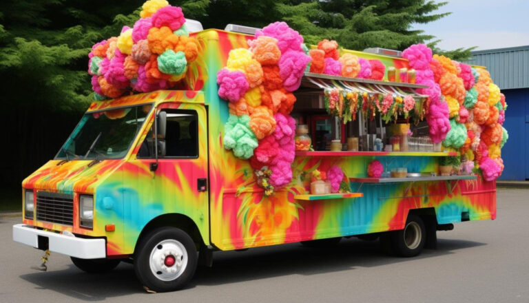 Brightly colored tie-dye food truck covered in large pink, orange, and yellow decorative pom-poms, with an open service window displaying drinks and hanging floral decorations.