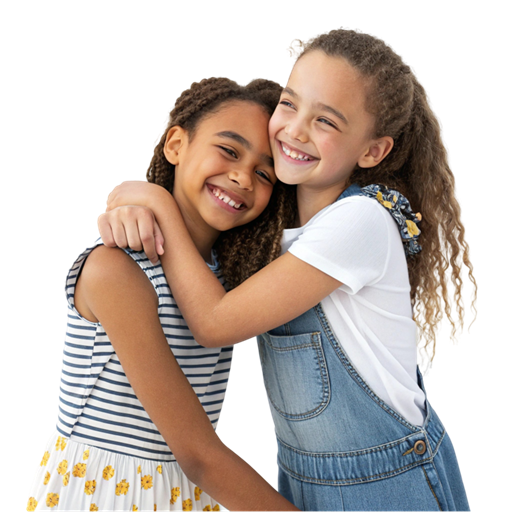 Two smiling children hugging each other, isolated on a transparent background
